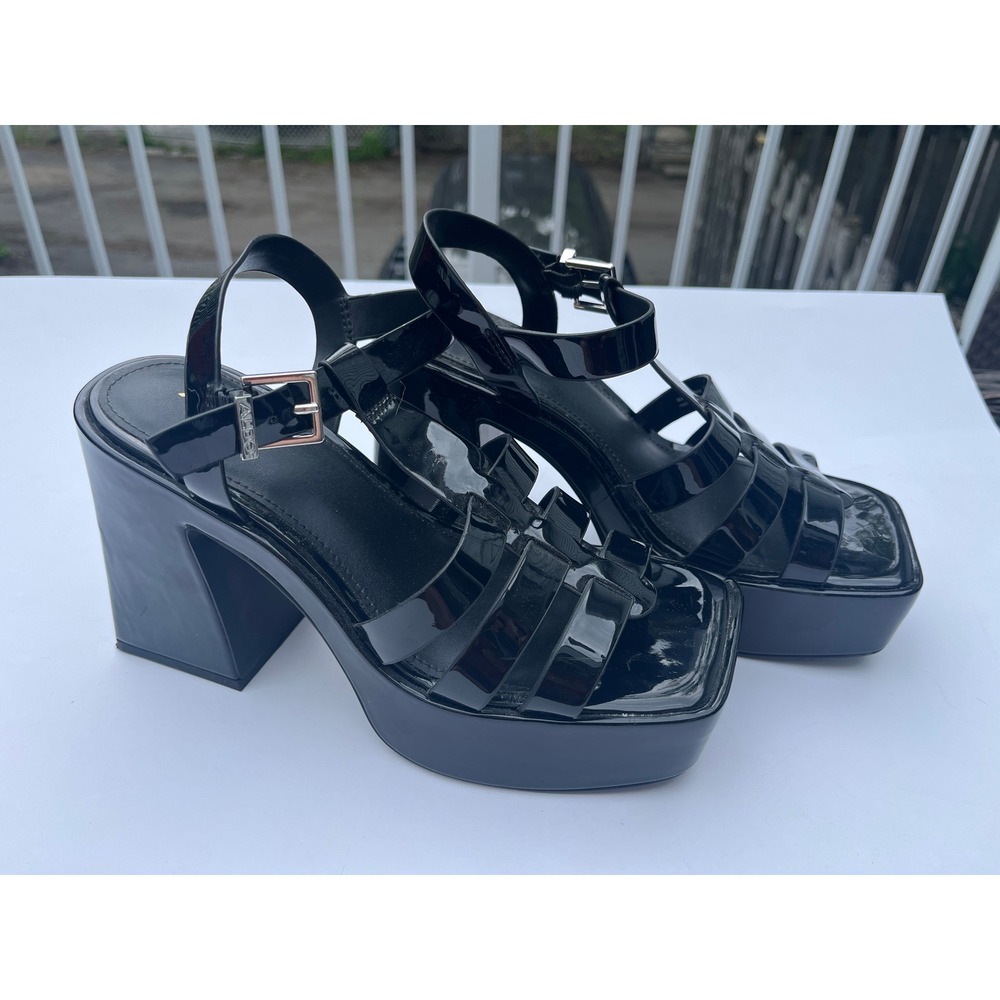 Aldo Jeni Black Patent Platform Sandals Square Toe Chunky Block Heel Strappy
